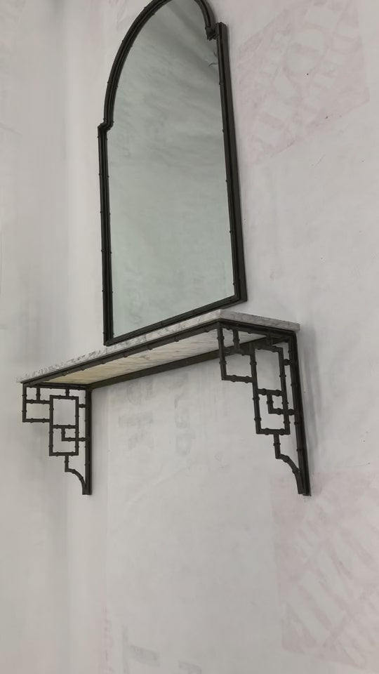 EstablishedLines Faux Bamboo White Marble Top Hanging Wall Console Table Dome Top Mirror Set MINT