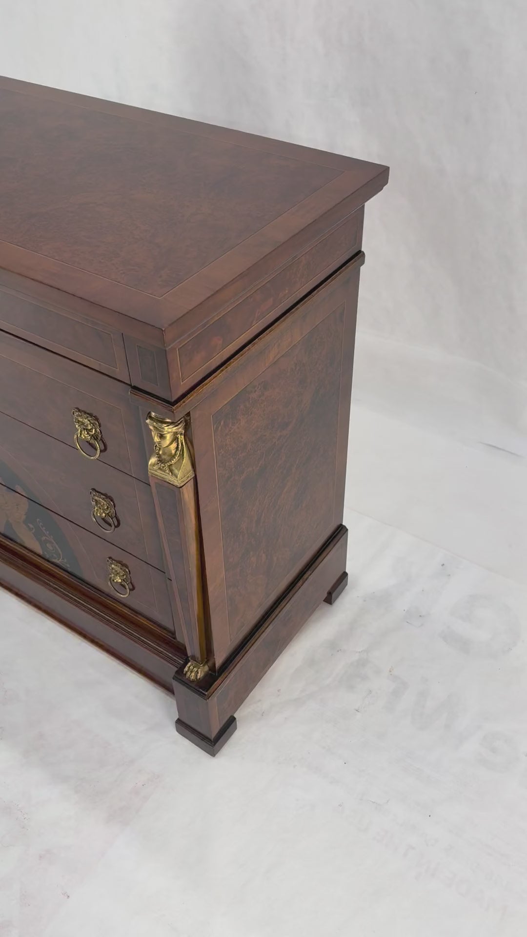 EstablishedLines Bronze Mounts & Pulls Burl Wood Inlay Neoclassical 4 Drawers 48" Dresser MINT!