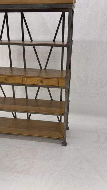 EstablishedLines Large Drexel Oak Shelves 5' Wide Iron Etagere Bakers Rack  3 Drawer Console MINT