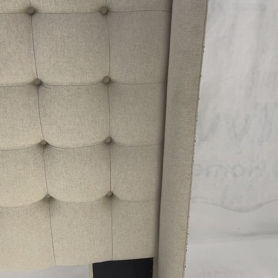 EstablishedLines Custom Tufted Linen Oatmeal Beige Wing Headboard King Size Bed Mint
