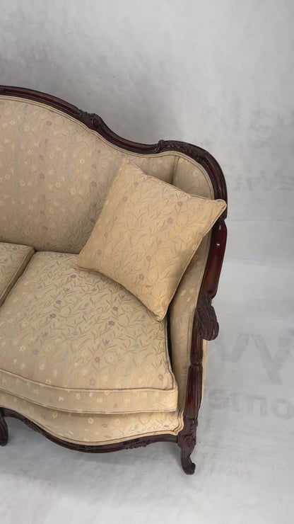EstablishedLines Very Fine Carved Mahogany Frame Cream Upholstery Curved Back French Sofa MINT!