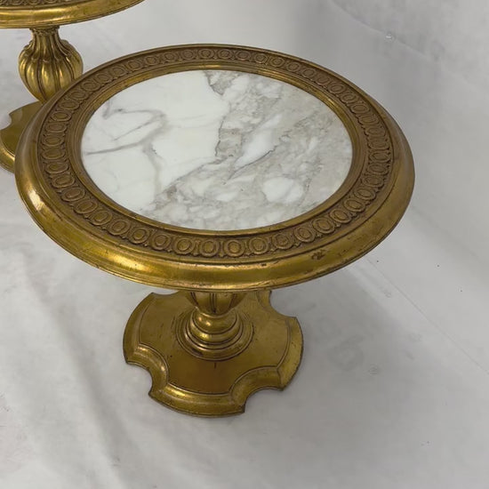 EstablishedLines Pair Marble Tops Gold Round Medallion Top Onion Shape Base Side End Lamp Stands