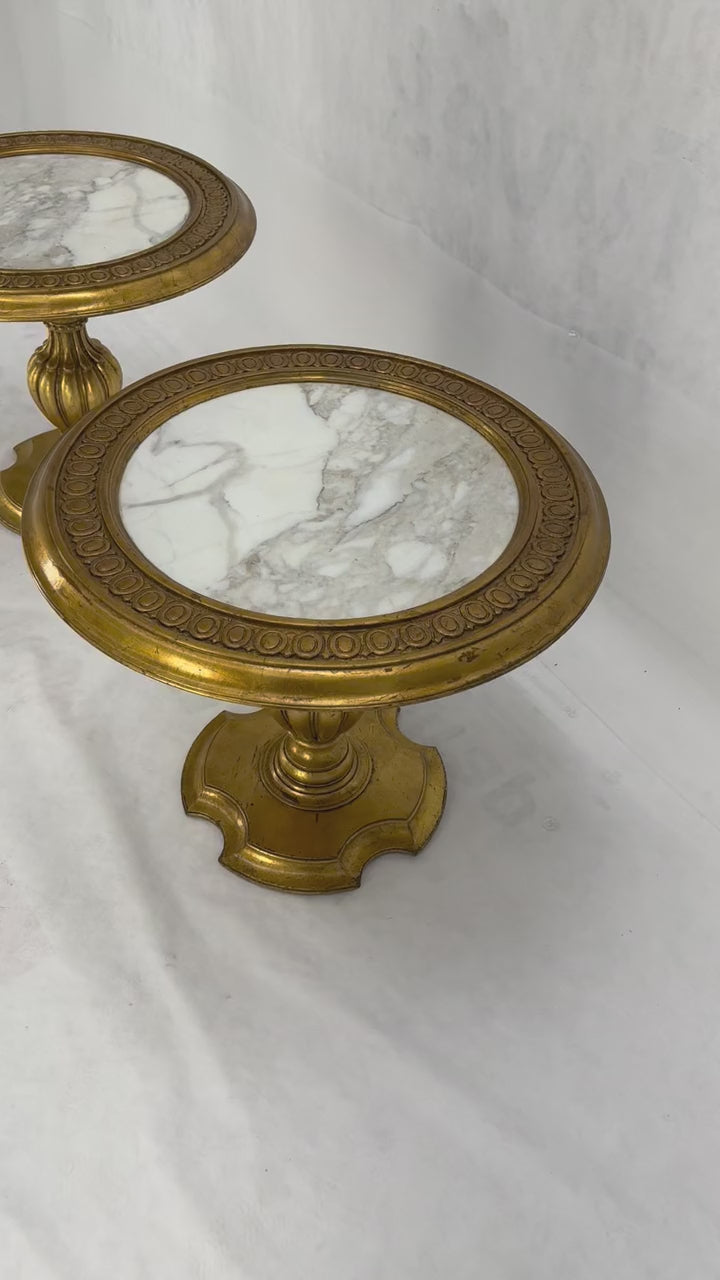 EstablishedLines Pair Marble Tops Gold Round Medallion Top Onion Shape Base Side End Lamp Stands