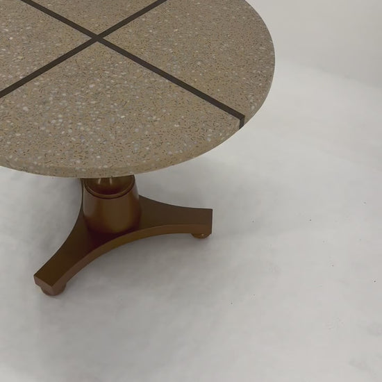EstablishedLines 24" Round Terrazzo Brass Strip Cross Inlay Top Urn Shape Tripod Base Side Table