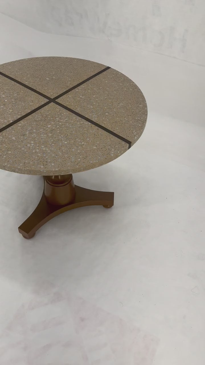 EstablishedLines 24" Round Terrazzo Brass Strip Cross Inlay Top Urn Shape Tripod Base Side Table